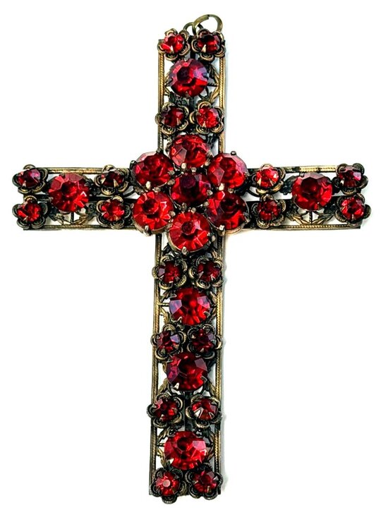 Unsigned Jewelry - Large Vintage Red Rhinestone Cross Pendant Filigree Brass Czech Gothic Estate 4"